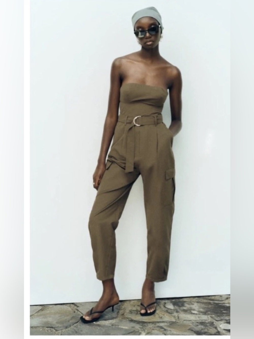 Strapless Utility Jumpsuit in Olive
